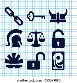 Set of 9 protection filled icons such as opened lock, chain, helmet, key, hard disc, knight