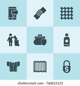 Set of 9 protection filled icons such as woman with garbage, roof, metal fence, money security, megaphone, patch, american football jacket