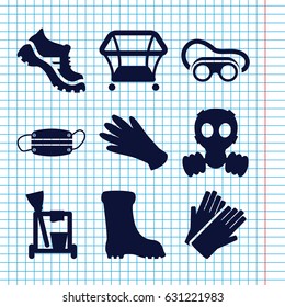 Set of 9 protective filled icons such as playpen, gloves, cleaning tools, boot, welding glasses, medical mask