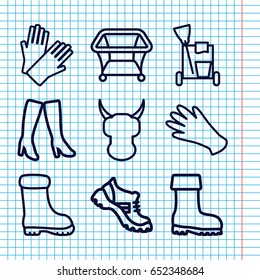 Set of 9 protective outline icons such as playpen, gloves, cleaning tools, woman boots, boot