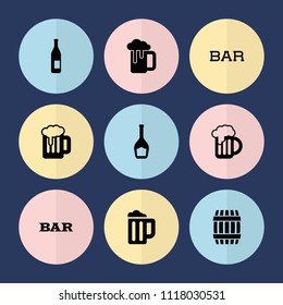 Set of 9 pub filled icons such as barrel, bar, bottle, beer mug