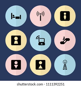 Set of 9 public filled icons such as signal tower, woman wc, male wc, female wc, laptop signal, escalator up