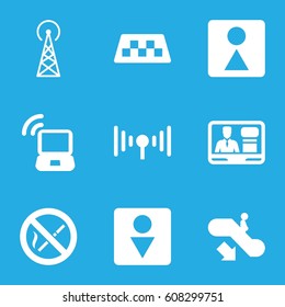 set of 9 public filled icons such as signal tower, taxi, escalator down, Male WC, female WC, TV speaker, signal, no smoking