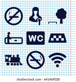 Set of 9 public filled icons such as taxi, escalator, no smoking, wc, locomotive, woman speaker, wi-fi