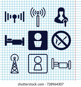 Set of 9 public filled and outline icons such as man wc, bed, woman speaker, signal, no smoking, signal tower