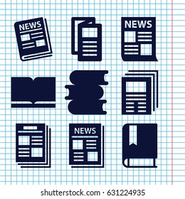 Set of 9 publication filled icons such as book, news
