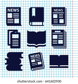 Set of 9 publication filled icons such as book, news