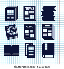 Set of 9 publication filled icons such as book, news