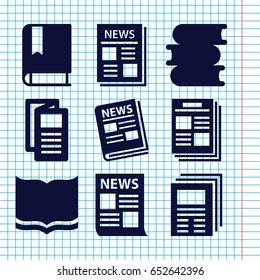 Set of 9 publication filled icons such as book, news