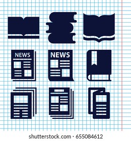 Set of 9 publication filled icons such as book, news