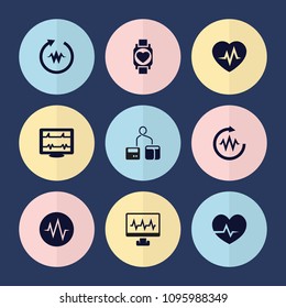 Set of 9 pulse filled icons such as heartbeat, blod pressure tool