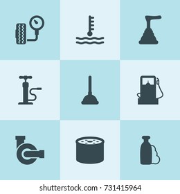 Set of 9 pump filled icons such as water pump, oil filter, gas station, tire pressure, car pump, car temperature, shampoo