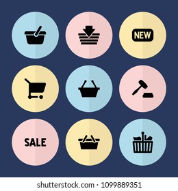 Set of 9 purchase filled icons such as shopping basket, auction, shopping cart, shopping bag, new