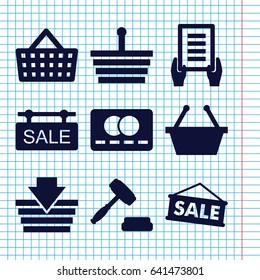 Set of 9 purchase filled icons such as credit card, holding document, sale tag, auction, sale, shopping bag