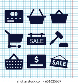 Set of 9 purchase filled icons such as credit card, sale tag, auction, sale, shopping cart, shopping bag, shopping basket