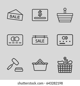 Set of 9 purchase outline icons such as credit card, sale tag, auction, shopping basket, dollar card, sale