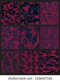 Set of 9 purple camouflage patterns.Seamless vector wallpapers.Purple army design.Purple military background,illustration.