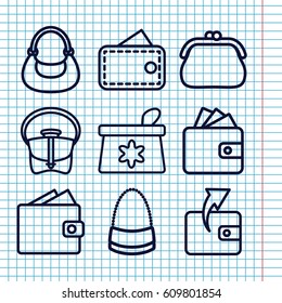 Set of 9 purse outline icons such as make up bag, Wallet, bag, wallet