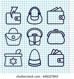 Set of 9 purse outline icons such as make up bag, woman bag, wallet, bag, purse