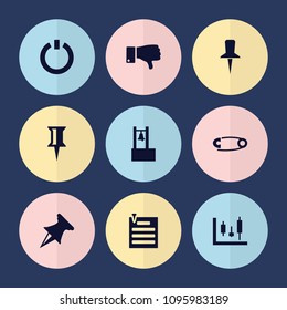 Set of 9 push filled icons such as pin, dislike, paper pin, switch off, bell