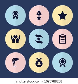 Set of 9 quality filled icons such as medal, hands holding heart, clipboard, star, hair dryer, award