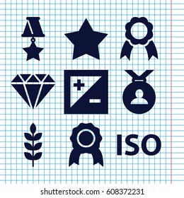 Set of 9 quality filled icons such as wheat, medal, ribbon, light exposure, ISO, star
