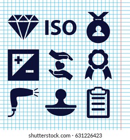 Set of 9 quality filled icons such as hair dryer, medal, hands holding heart, clipboard, stamp, ribbon, light exposure, iso