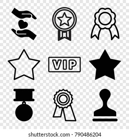 Set of 9 quality filled and outline icons such as star, stamp, hands holding heart, medal, vip, award, star