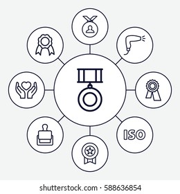 Set of 9 quality outline icons such as stamp, hair dryer, award, medal, hands holding heart, ribbon