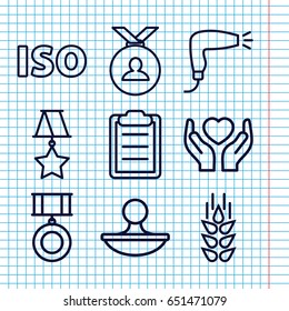 Set of 9 quality outline icons such as wheat, hair dryer, medal, hands holding heart, clipboard, stamp