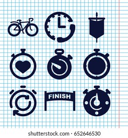 Set of 9 race filled icons such as stopwatch, bicycle, sail