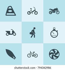 Set of 9 race filled icons such as alloy wheel, back car light, stopwatch, man with briefcase, motorcycle, bicycle, boat, bicycle