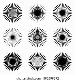 Set of 9 radial, radiating lines elements. Circular lines patterns.