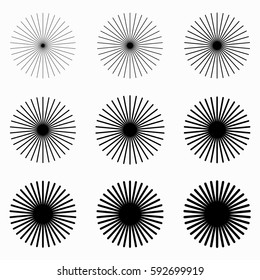Set of 9 radial, radiating lines elements. Circular lines patterns.
