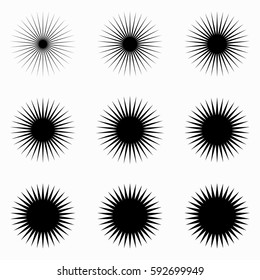 Set of 9 radial, radiating lines elements. Circular lines patterns.