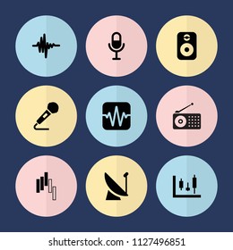Set of 9 radio filled icons such as microphone, music equalizer, satellite, speaker, panel control, control panel
