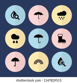 Set of 9 rain filled icons such as boot, umbrella, drop under magnifier, rain