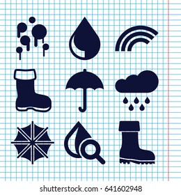 Set of 9 rain filled icons such as boot, drop under magnifier, drop, rain, umbrella, blood