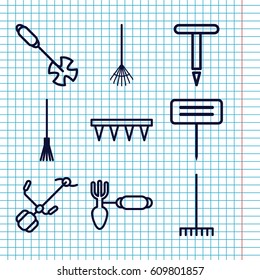 Set of 9 rake outline icons such as gardening tool, rake