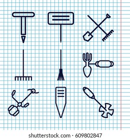 Set of 9 rake outline icons such as shovel and rake, gardening tool