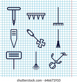 Set of 9 rake outline icons such as gardening tool, rake