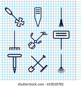Set of 9 rake outline icons such as shovel and rake, gardening tool