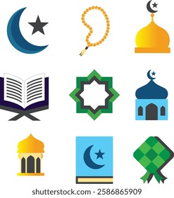 "Set of 9 Ramadan and Islamic-themed vector icons. Includes crescent moon and star, prayer beads (tasbih), mosque dome, open Quran, geometric Islamic pattern, mosque building, Islamic pavilion, holy b