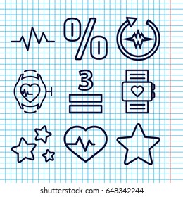 Set of 9 rate outline icons such as heartbeat, 3 allowed, heartbeat watch, star, heart rate watch
