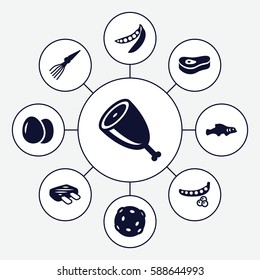 Set of 9 raw filled icons such as egg, peas, meat, extinct sea creature