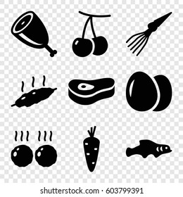 Set of 9 raw filled icons such as egg, carrot, cherry, meat, extinct sea creature