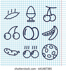 Set of 9 raw outline icons such as egg, cherry, cherry, cucumber, peas, meat