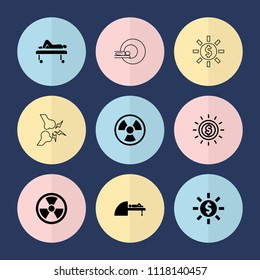 Set of 9 ray filled and outline icons such as mri, radiation, dollar in sun