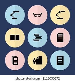 Set of 9 reading filled icons such as news, glasses, table lamp, book, document, paper