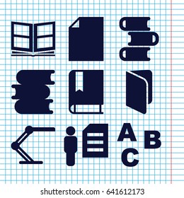 Set of 9 reading filled icons such as book, table lamp, photo album, man and document, abc